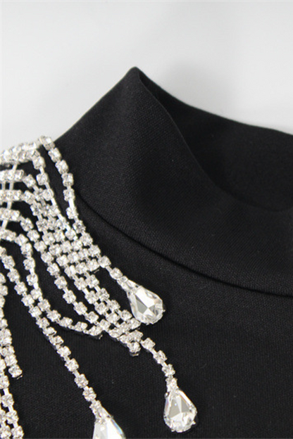 Rhinestone Fringed Trim Slit Turtleneck Wrapped Skirt Dresses