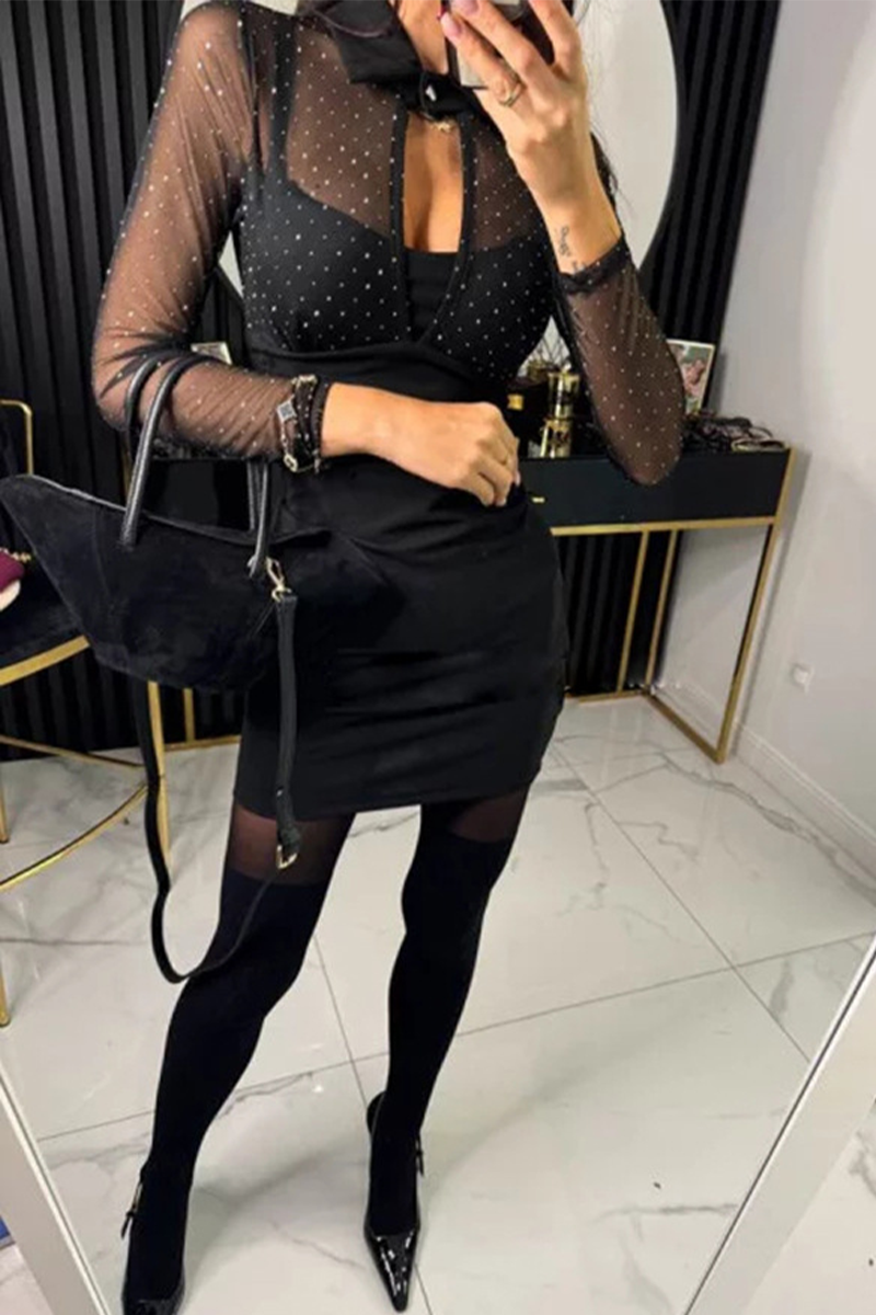 Buttons Mesh Hot Drill Turndown Collar Wrapped Skirt Dresses