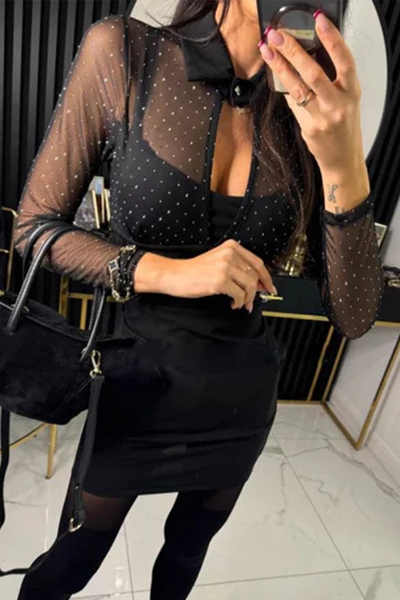 Buttons Mesh Hot Drill Turndown Collar Wrapped Skirt Dresses