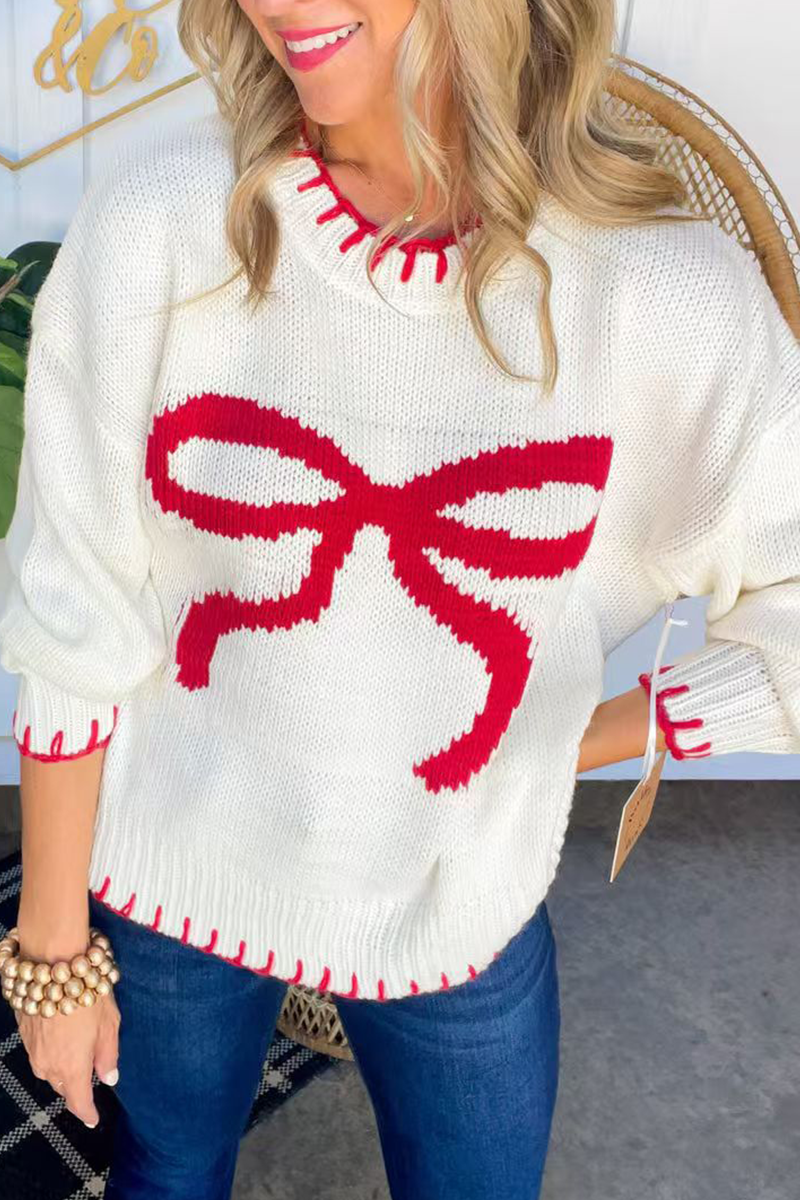 Bow Weave Contrast O Neck Sweaters