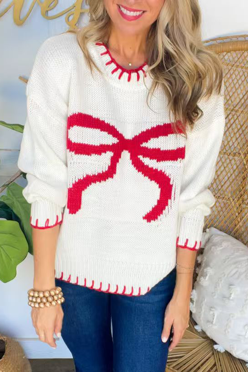 Bow Weave Contrast O Neck Sweaters