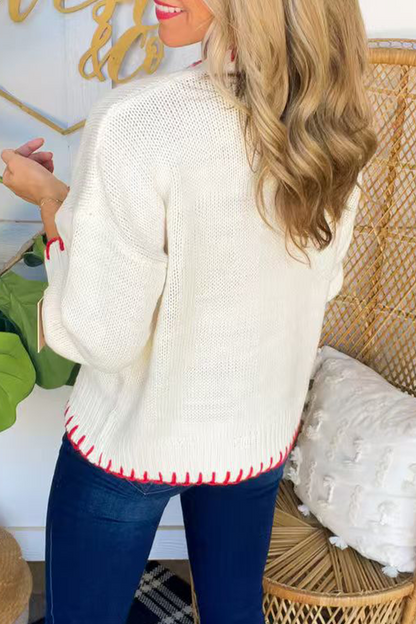 Bow Weave Contrast O Neck Sweaters