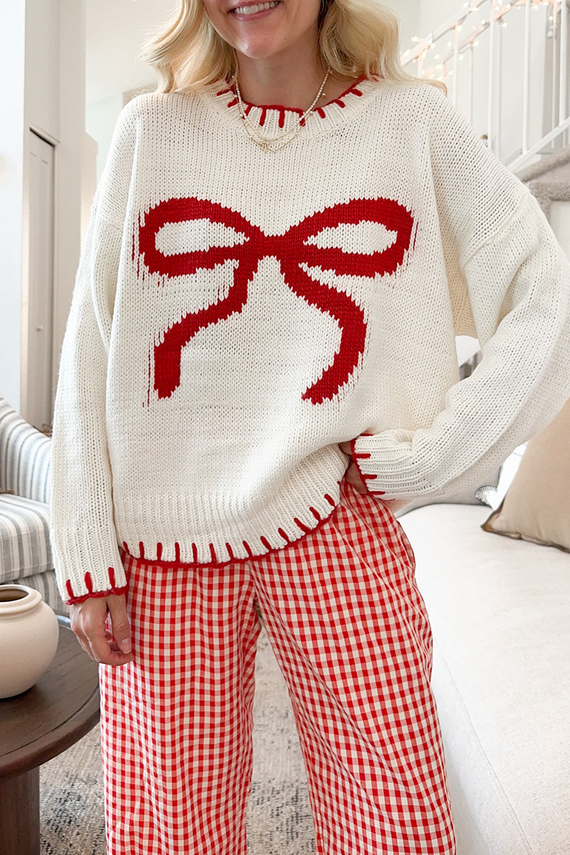Bow Weave Contrast O Neck Sweaters
