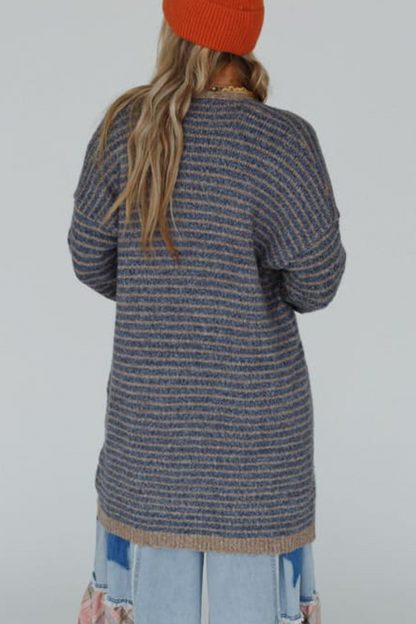 Stripe Pocket Weave Contrast Cardigan Collar Outerwear