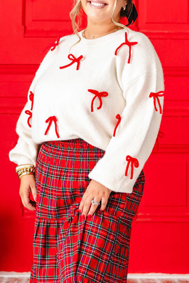 Party Bow Patchwork Contrast O Neck Sweaters