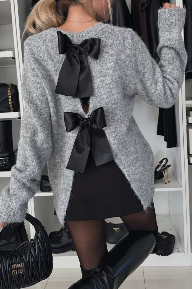 Color Bow Decor O Neck Sweaters