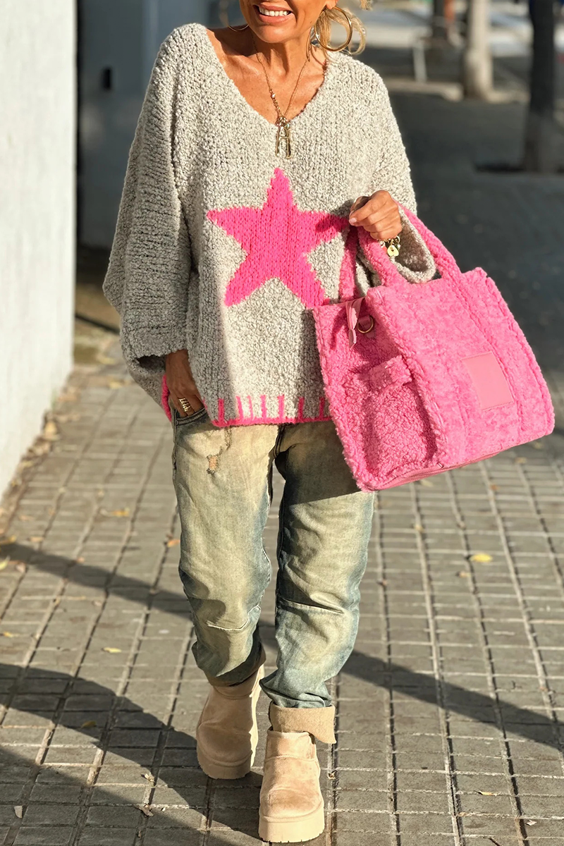 Street the Stars Weave Contrast V Neck Sweaters