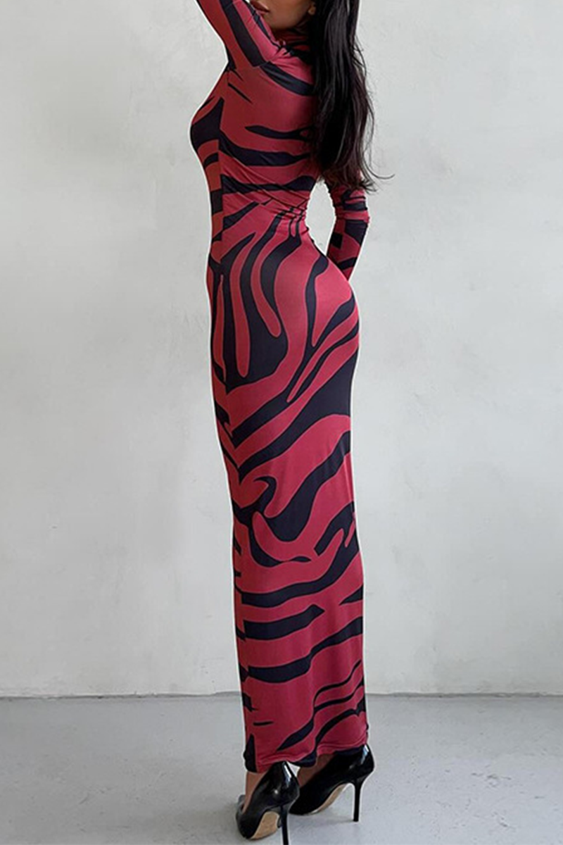 Snakeskin Print Stripe Contrast Half a Turtleneck One Step Skirt Dresses