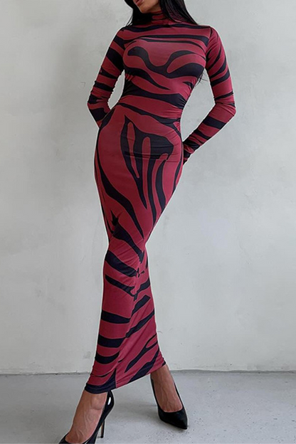 Snakeskin Print Stripe Contrast Half a Turtleneck One Step Skirt Dresses