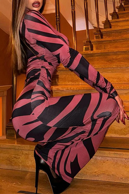 Snakeskin Print Stripe Contrast Half a Turtleneck One Step Skirt Dresses