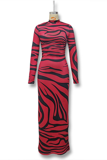 Snakeskin Print Stripe Contrast Half a Turtleneck One Step Skirt Dresses
