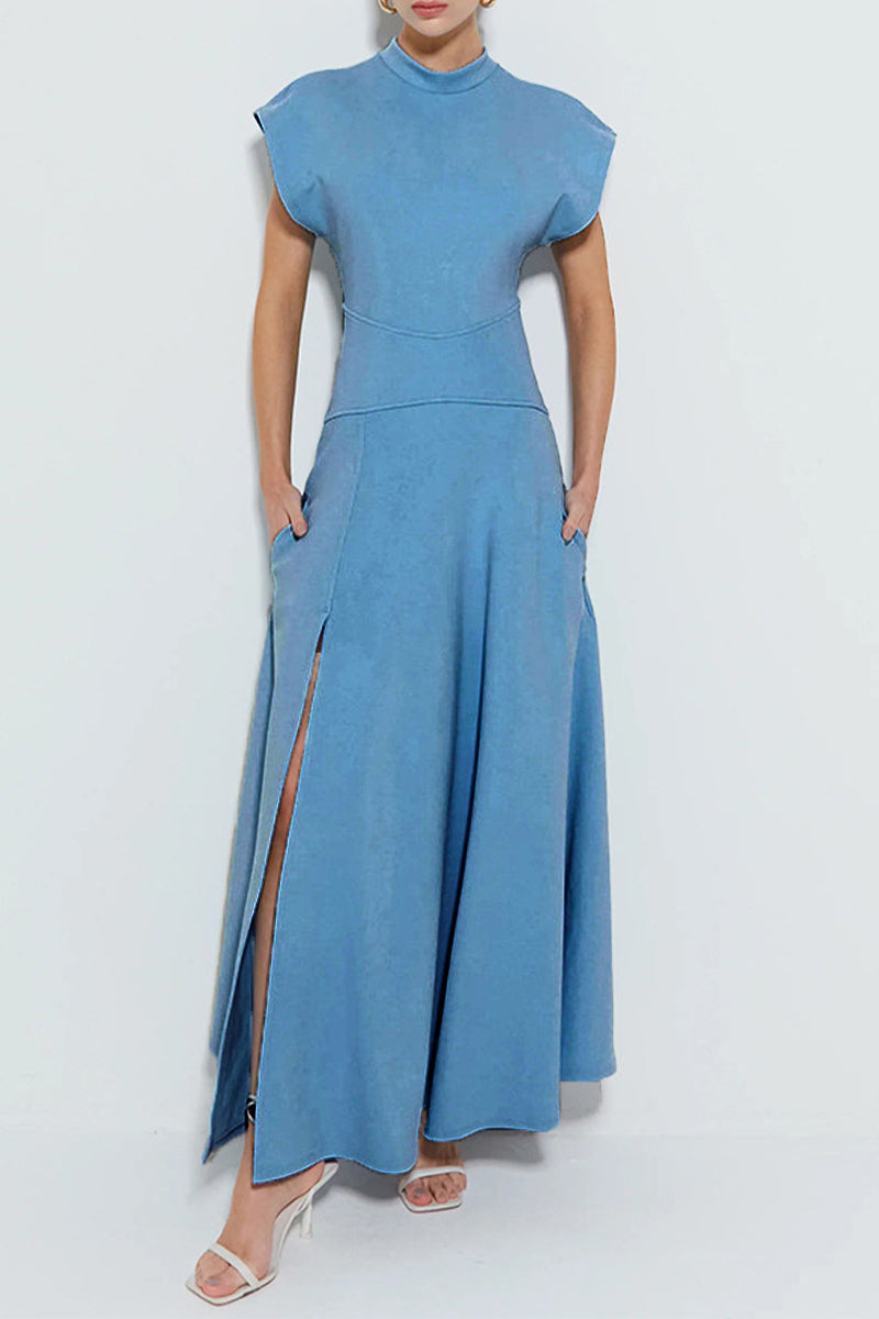 Pocket Slit Zipper Half a Turtleneck Long Dresses