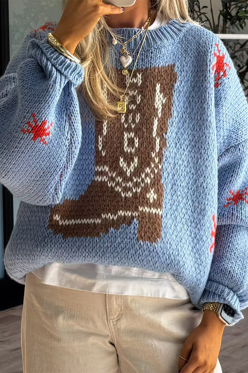 Snowflakes Weave Contrast O Neck Sweaters