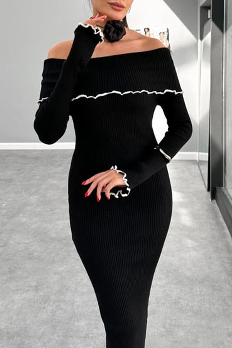 Stringy Selvedge Contrast Off Shoulder One Step Skirt Dresses