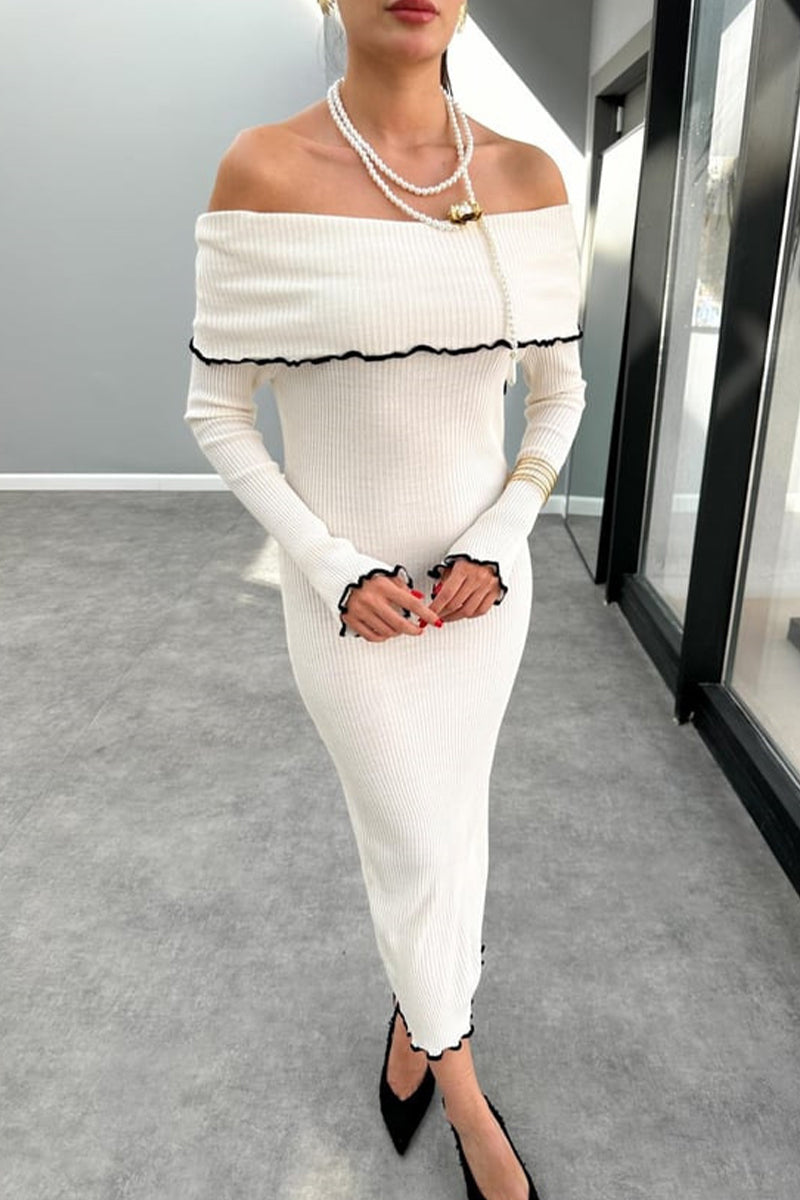 Stringy Selvedge Contrast Off Shoulder One Step Skirt Dresses