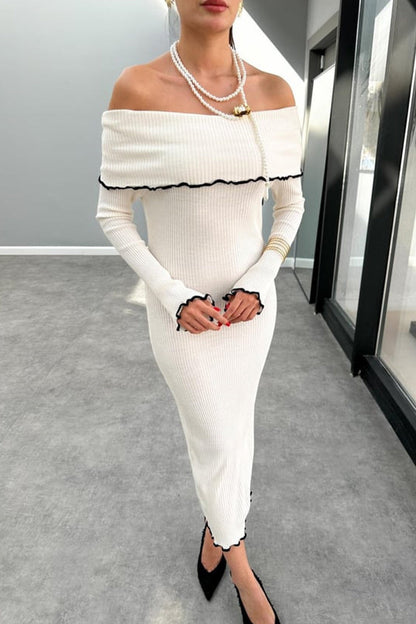 Stringy Selvedge Contrast Off Shoulder One Step Skirt Dresses