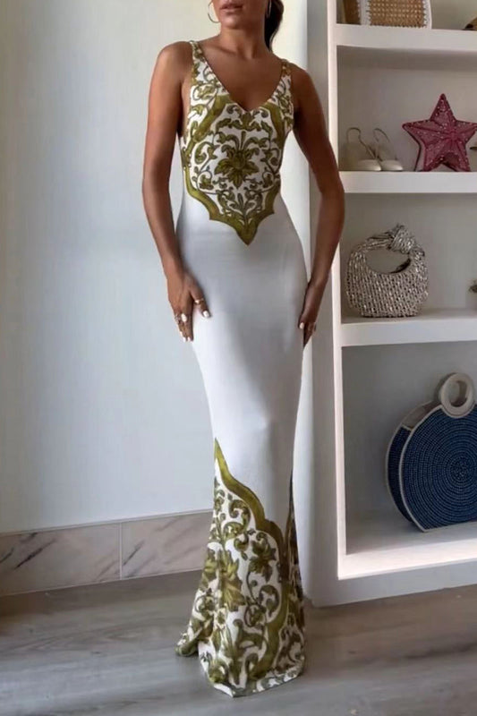 Party Print Contrast V Neck One Step Skirt Dresses