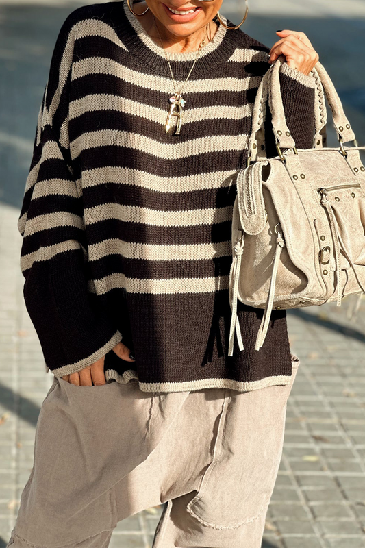 Stripe Weave Contrast O Neck Sweaters