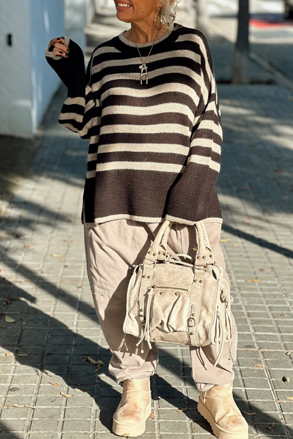 Stripe Weave Contrast O Neck Sweaters