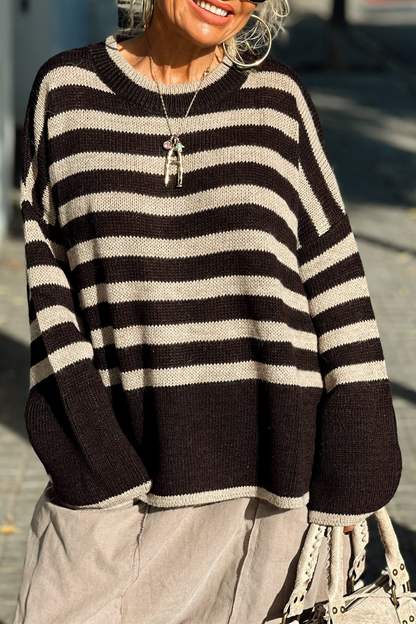 Stripe Weave Contrast O Neck Sweaters
