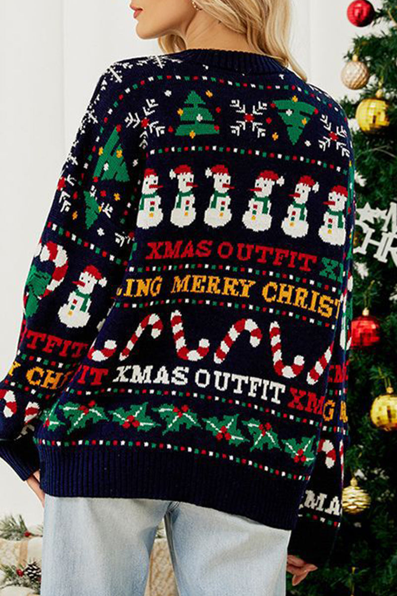 Daily Snowflakes Christmas Tree Letters Weave Contrast O Neck Sweaters