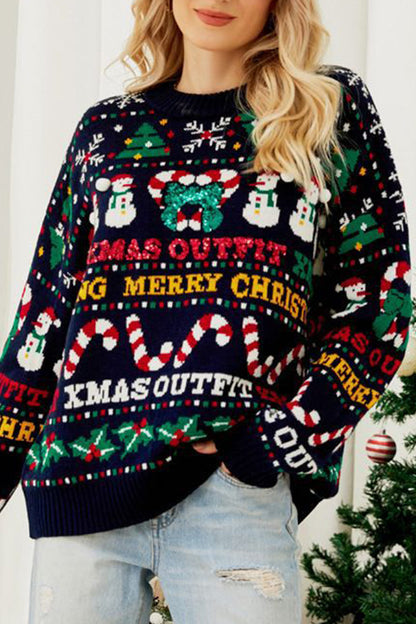 Daily Snowflakes Christmas Tree Letters Weave Contrast O Neck Sweaters