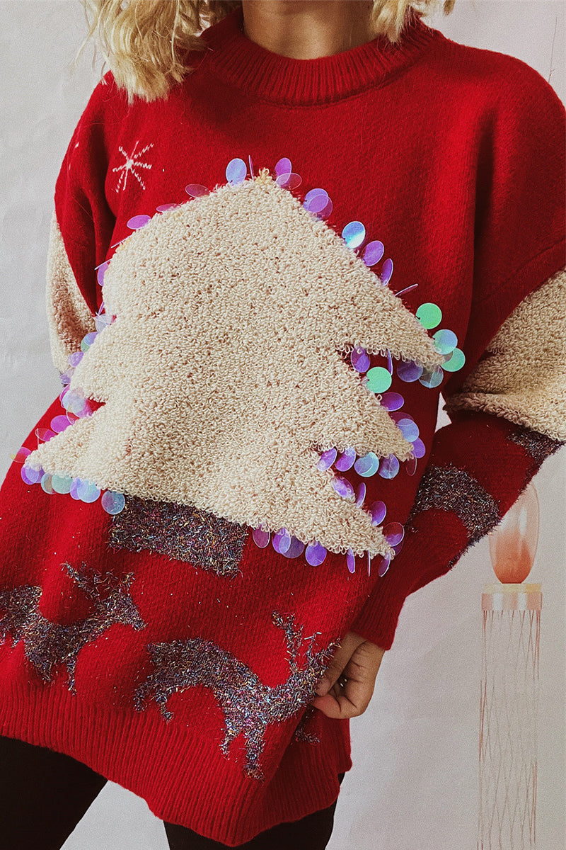 Christmas Tree Sequins Patch O Neck Sweaters