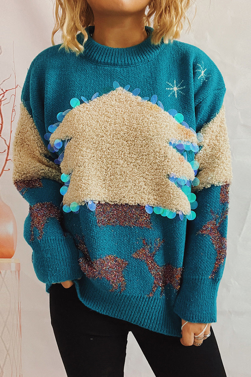 Christmas Tree Sequins Patch O Neck Sweaters