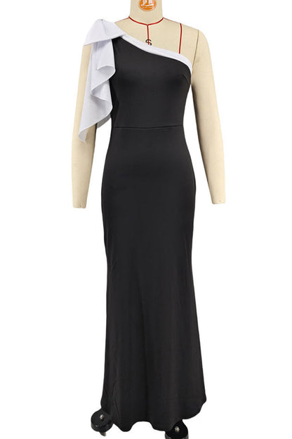 Patchwork Contrast Oblique Collar Long Dresses