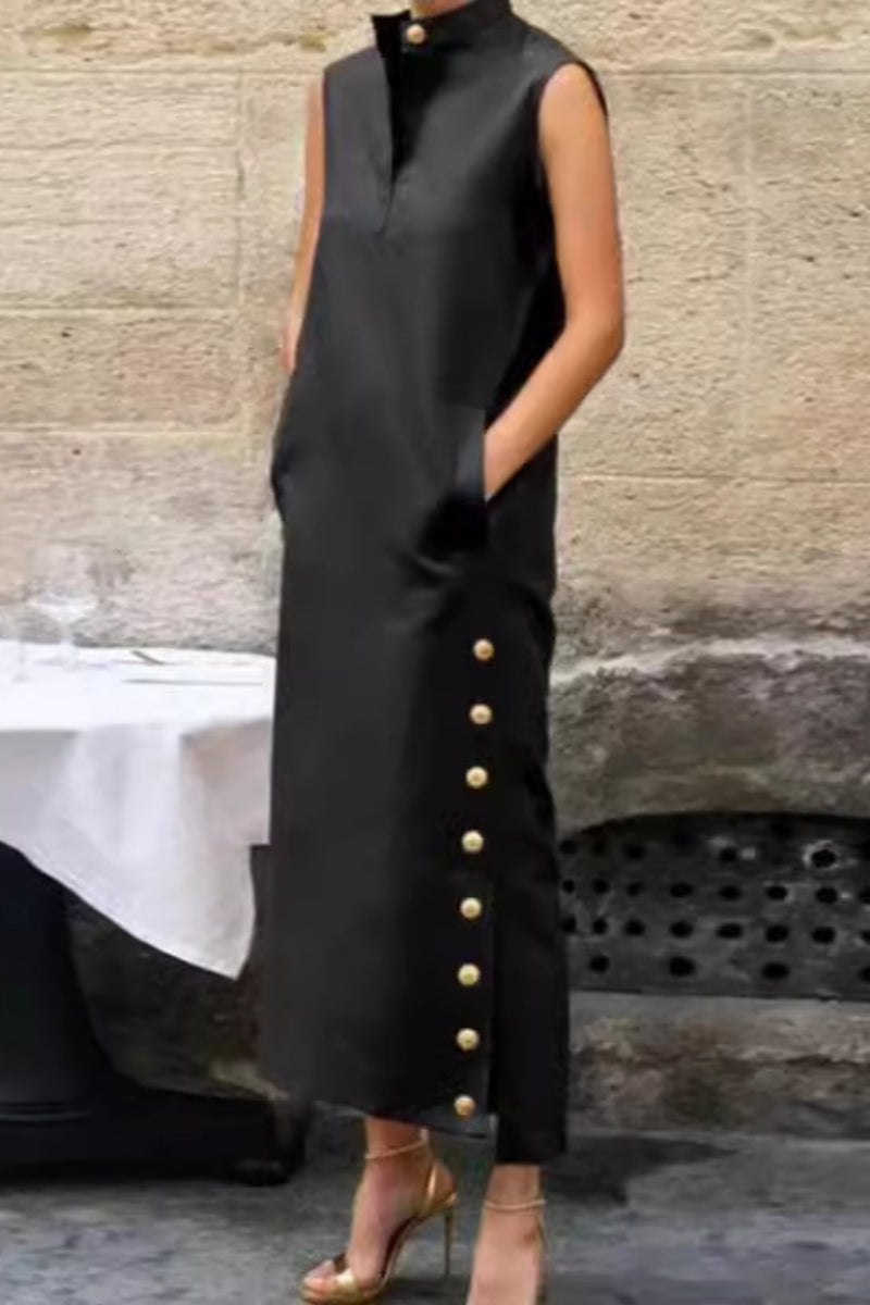 Pocket Slit Mandarin Collar Long Dresses