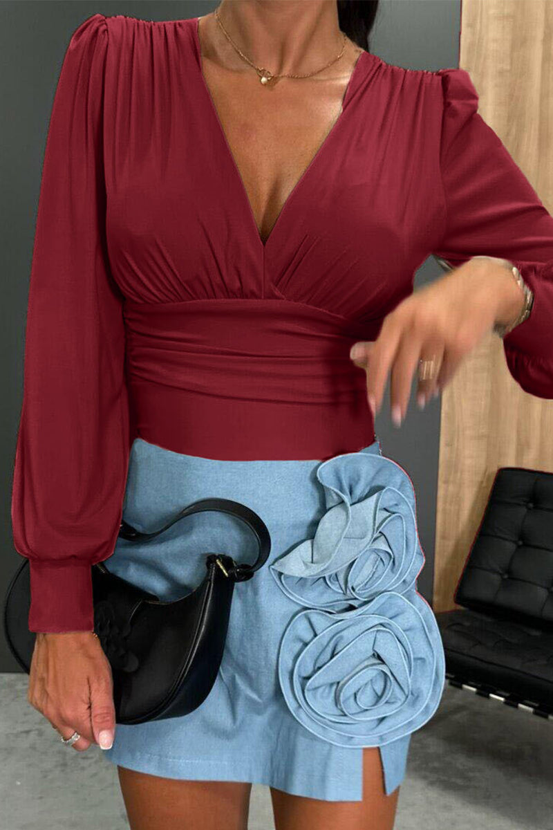 Ruched V Neck Blouses(3 Colors)