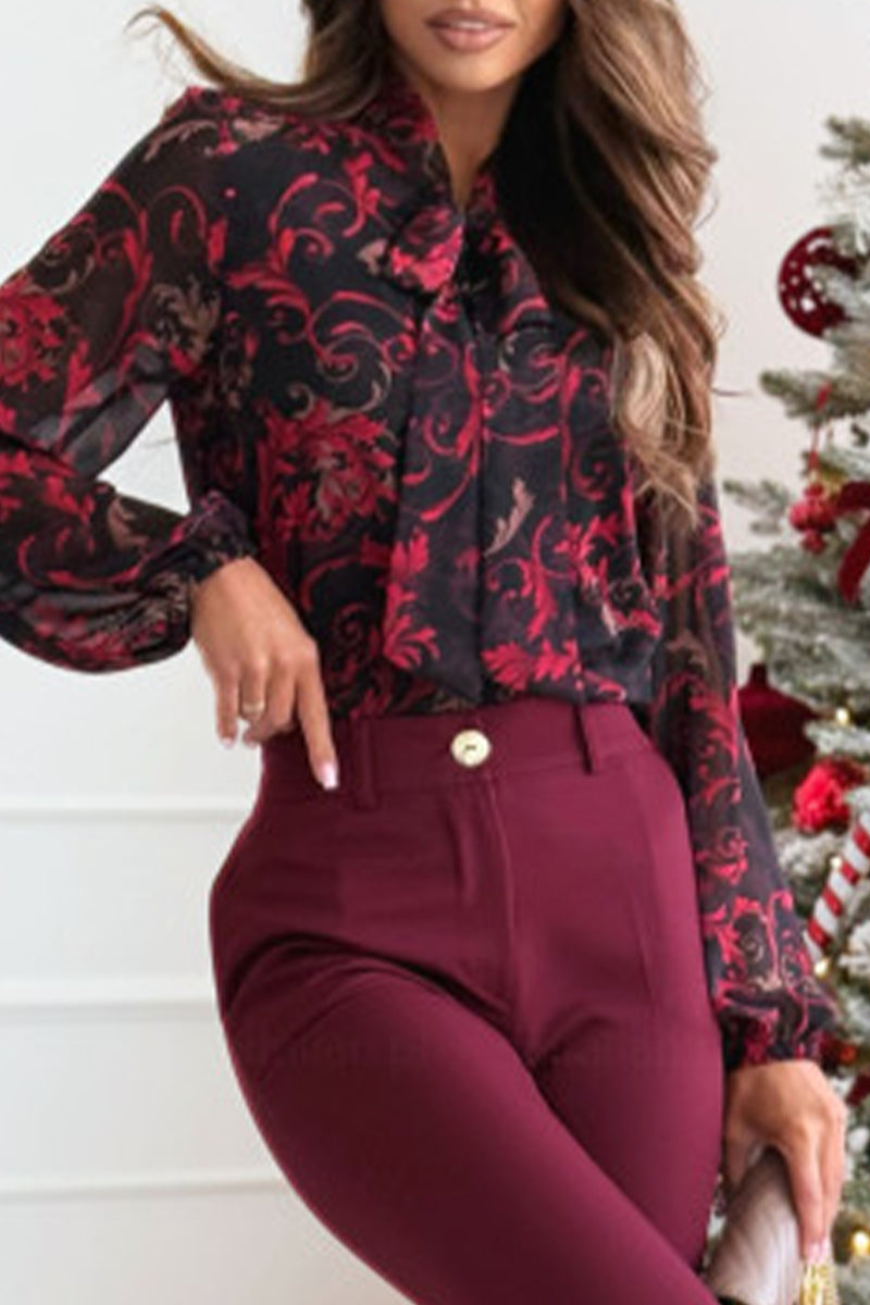 Flowers Lace Up Contrast Tie Neck Blouses(3 Colors)