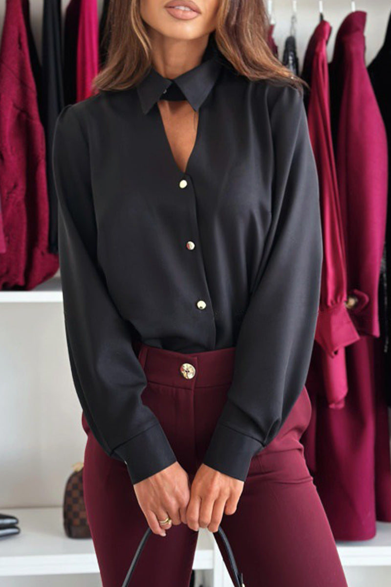 Hollow Out Buttons Turndown Collar Blouses(3 Colors)