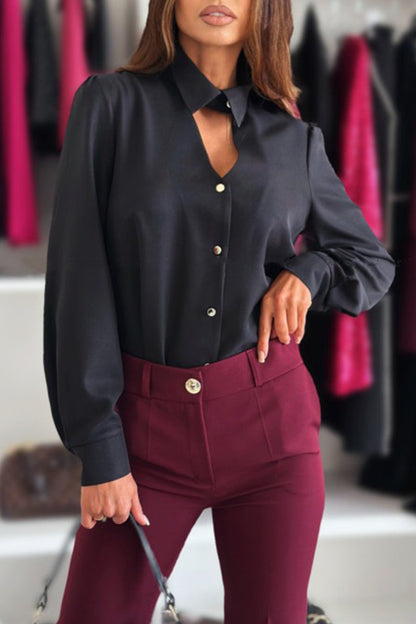 Hollow Out Buttons Turndown Collar Blouses(3 Colors)