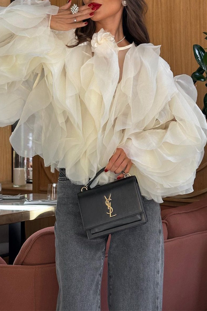 Irregular Stringy Selvedge Flower Shape O Neck Blouses