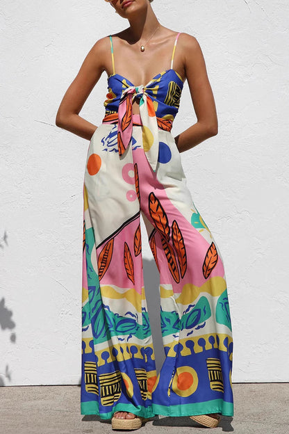 Vacation Geometric Print Bow Decor Contrast V Neck Loose Jumpsuits