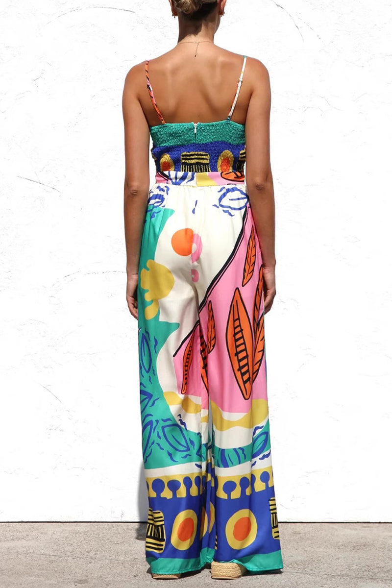 Vacation Geometric Print Bow Decor Contrast V Neck Loose Jumpsuits
