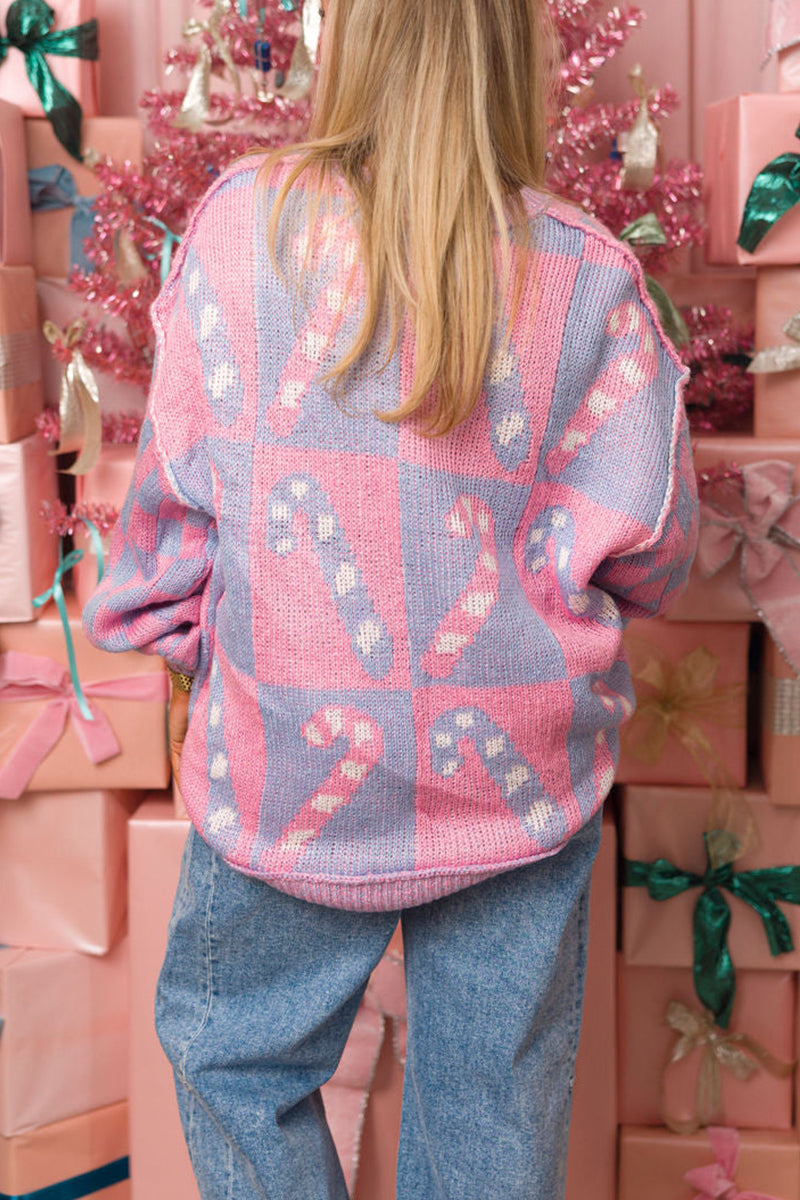 Plaid Candy Weave Contrast O Neck Sweaters