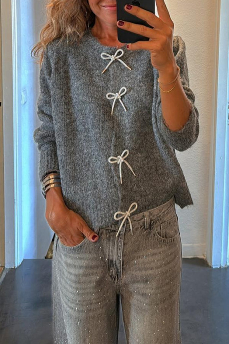 Color Bow Decor O Neck Sweaters