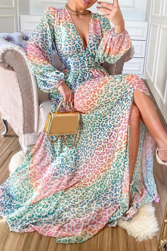 Gradient Leopard Slit Contrast V Neck Long Dresses