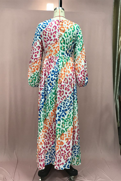 Gradient Leopard Slit Contrast V Neck Long Dresses