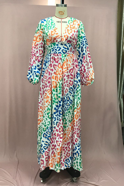 Gradient Leopard Slit Contrast V Neck Long Dresses
