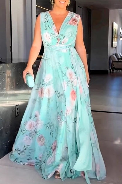 Print Lace Up V Neck Long Dresses(3 Colors)