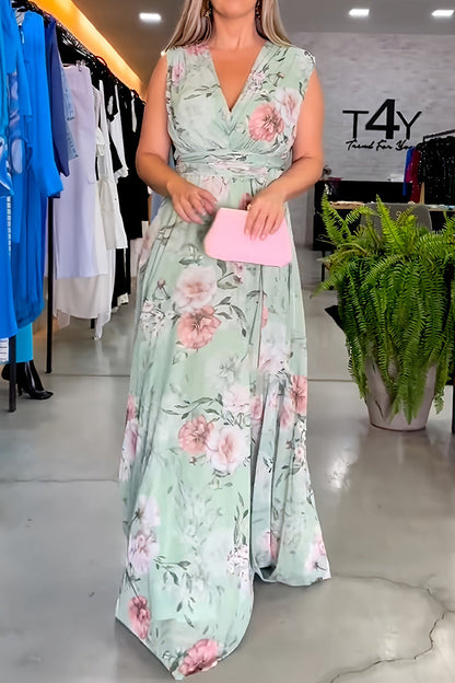 Print Lace Up V Neck Long Dresses(3 Colors)