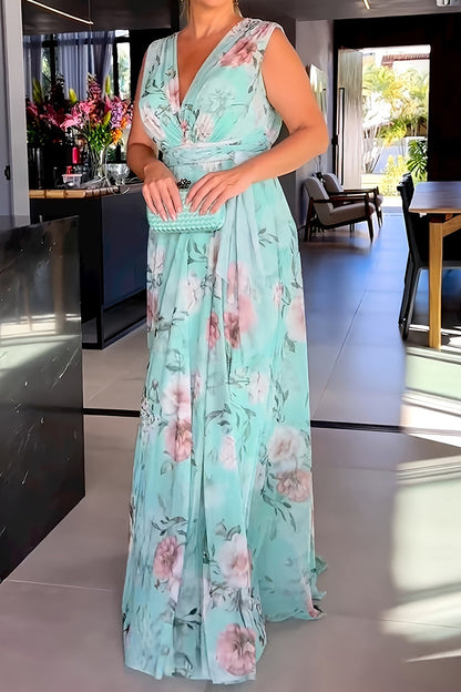 Print Lace Up V Neck Long Dresses(3 Colors)