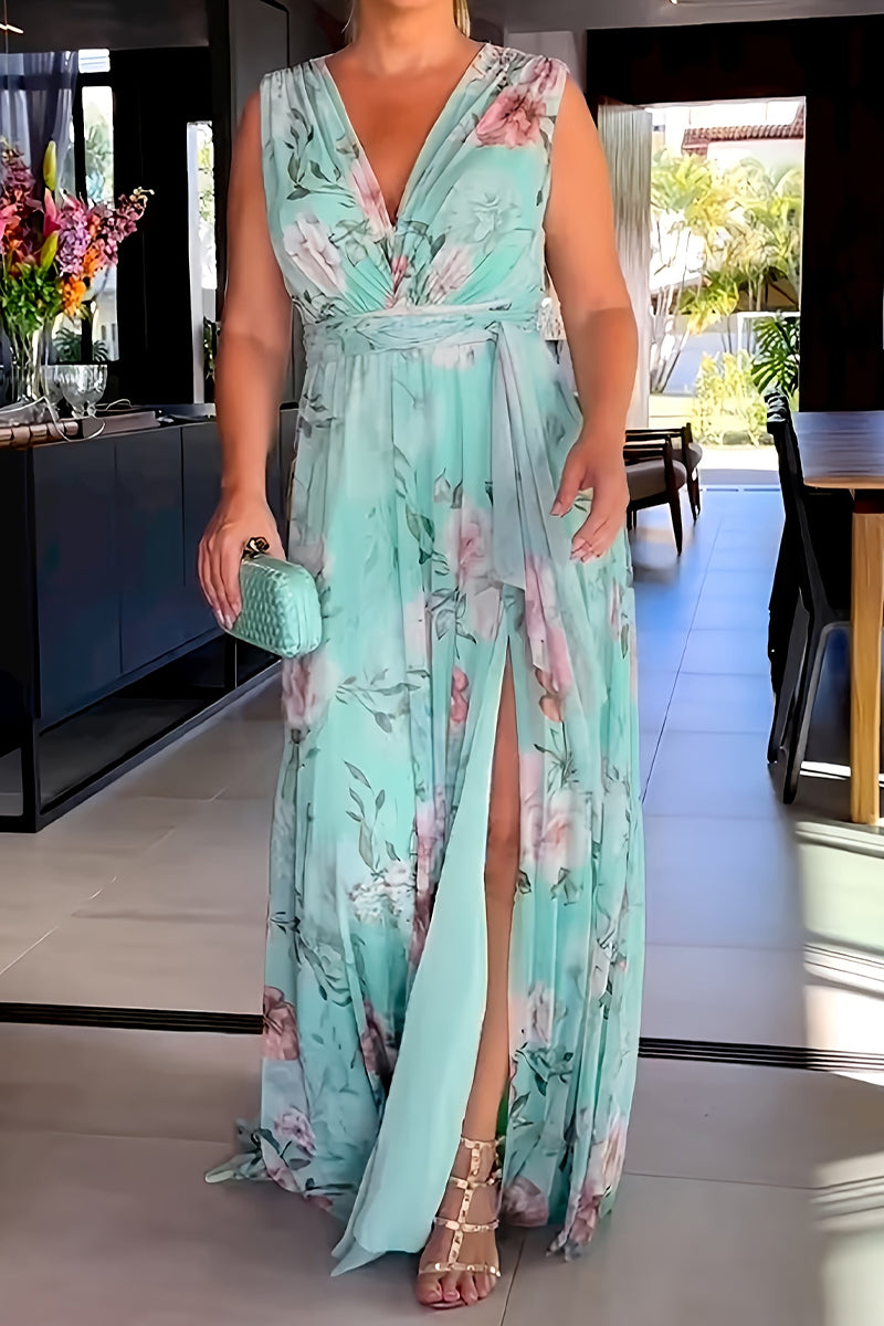 Print Lace Up V Neck Long Dresses(3 Colors)