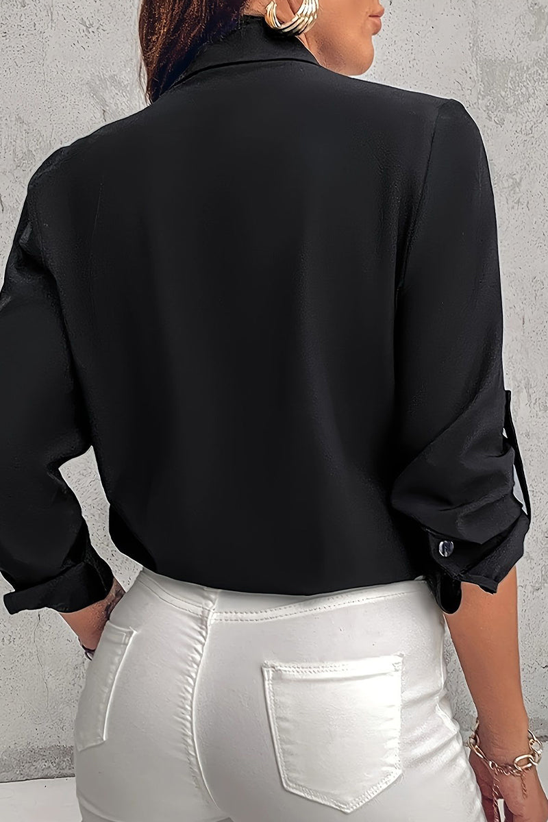 Sequins Pocket Contrast Turndown Collar Blouses