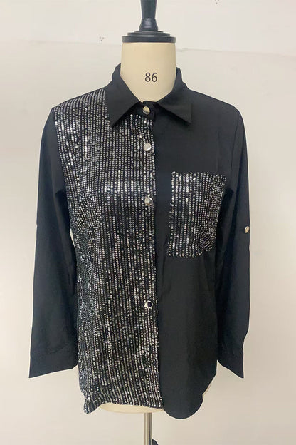 Sequins Pocket Contrast Turndown Collar Blouses