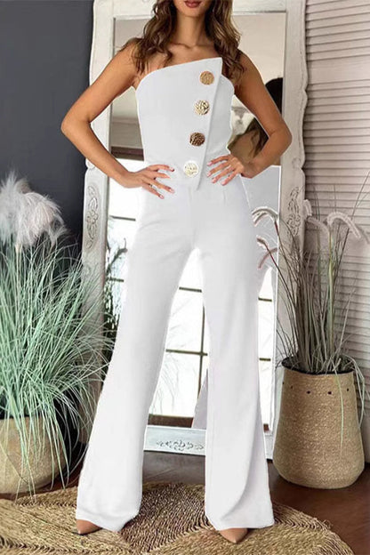 Buttons Irregular Strapless Regular Jumpsuits(6 Colors)