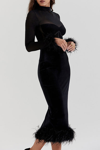 Mesh Feather Hemline Velvet O Neck Wrapped Skirt Dresses